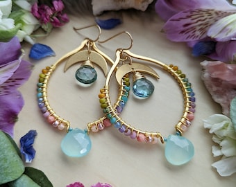 Crescent Petal Drop Earrings with Chalcedony & Ocean Quartz > Sonoran Spring Colorway - Big, Beaded, Gold Hoops w/ Aqua Green Gems