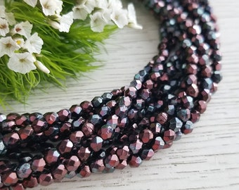 3mm Czech Fire Polished Beads >> Metallic Amethyst Luster >> 2 or 5 Strands (100 or 250 pcs) - Glass, Faceted, Round, Dark Purple and Blue