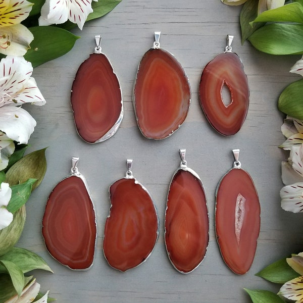 Red Agate Slice Pendants with Silver Edging >> Electroplated, Carnelian Agate Slices with Bail - Pick Your Fave!