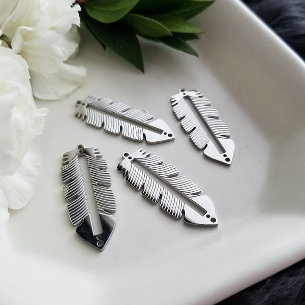 Centerline Feather Charms - Silver >> 2 pieces - 32mm x 12mm - Feather Pendant with 1 Channel for Beading