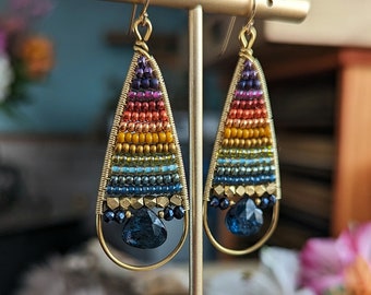 Moss Kyanite Teardrop Earrings in Gold > Firebird Colorway - Shimmery Teal Gems w/ Eggplant, Red, Goldenrod, Turquoise, Blue Ombre - Rainbow