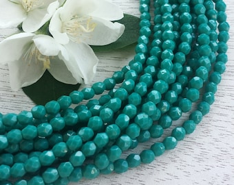 4mm Czech Fire Polished Beads > Opaque Dk Blue Turquoise > 1, 2 or 5 Strands (50, 100, 250 pcs) - Designer Glass, Faceted, Round, Blue Green