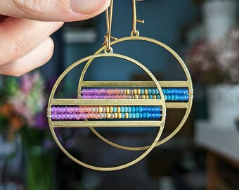 Beaded Disco Hoop Earrings in Gold > Summer Dawn Colorway - Circle Drop Earrings w/ Lilac, Pink, Orange, Gold, Turquoise, Blue Ombre