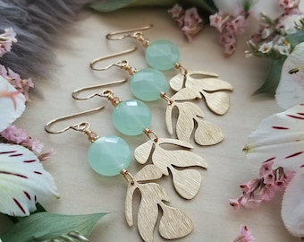 Aqua Chalcedony Leaf Earrings in Gold &gt; Faceted, Bright, Blue Green Gems with a Brushed Brass Leaf - Gemstone Jewelry Boho Style