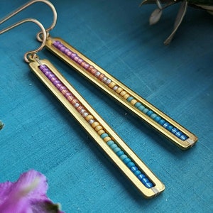 Beaded Stick Earrings in Gold Summer Dawn Colorway Bright Lilac, Pink, Orange, Gold, Turquoise, Blue Ombre image 1