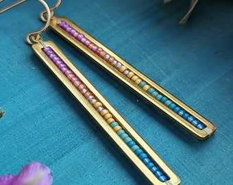 Beaded Stick Earrings in Gold > Summer Dawn Colorway - Bright Lilac, Pink, Orange, Gold, Turquoise, Blue Ombre