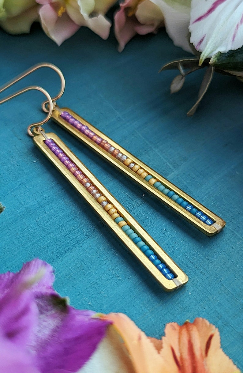 Beaded Stick Earrings in Gold Summer Dawn Colorway Bright Lilac, Pink, Orange, Gold, Turquoise, Blue Ombre image 1