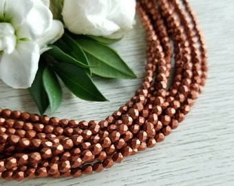 3mm Czech Fire Polished Beads >> Matte Metallic Antique Copper >> 2 or 5 Strands (100 or 250 pcs) - Designer Glass, Faceted, Round