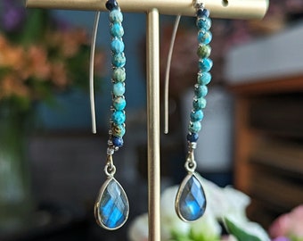 Labradorite Gemstone Dangle Earrings in Silver >> Flashy Labradorite Drops set in Sterling w/ Turquoise and Sapphire