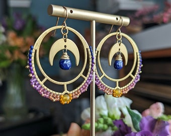 Woven Crescent Hoop Earrings in Gold > Sunset Colorway - Lacy Woven Hoops with Yellow Opal, Lapis & Crescent Moons