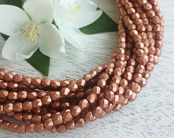 3mm Czech Fire Polished Beads >> Matte Metallic Copper >> 2 or 5 Strands (100 or 250 pcs) - Designer Glass, Faceted, Round