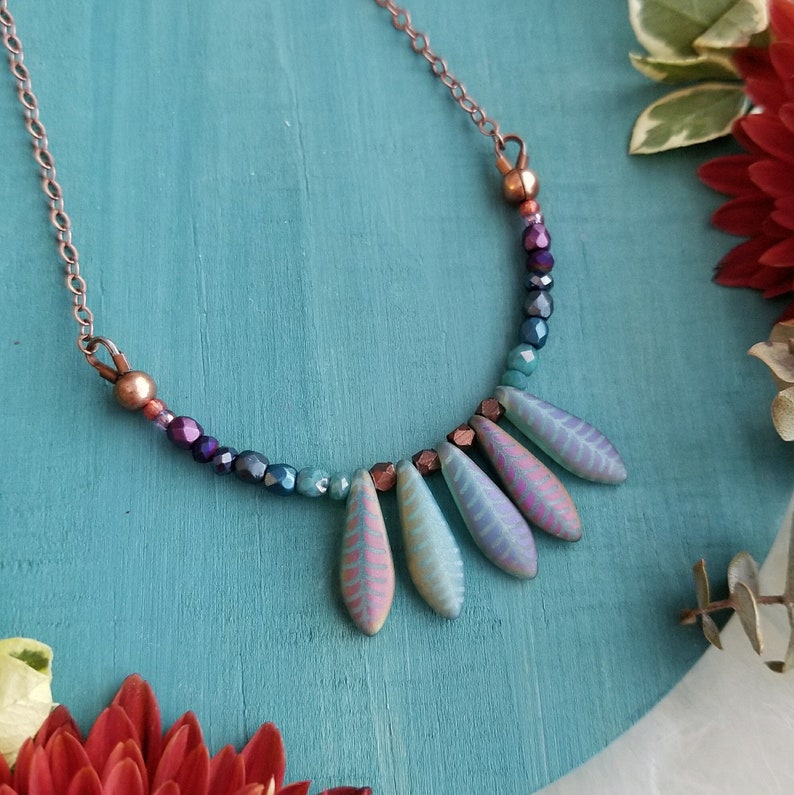 Layering Necklace Dagger Necklace in Antique Copper Purple to Teal Ombre w Blue Dagger Beads Beaded Colorful Modern Boho Delicate