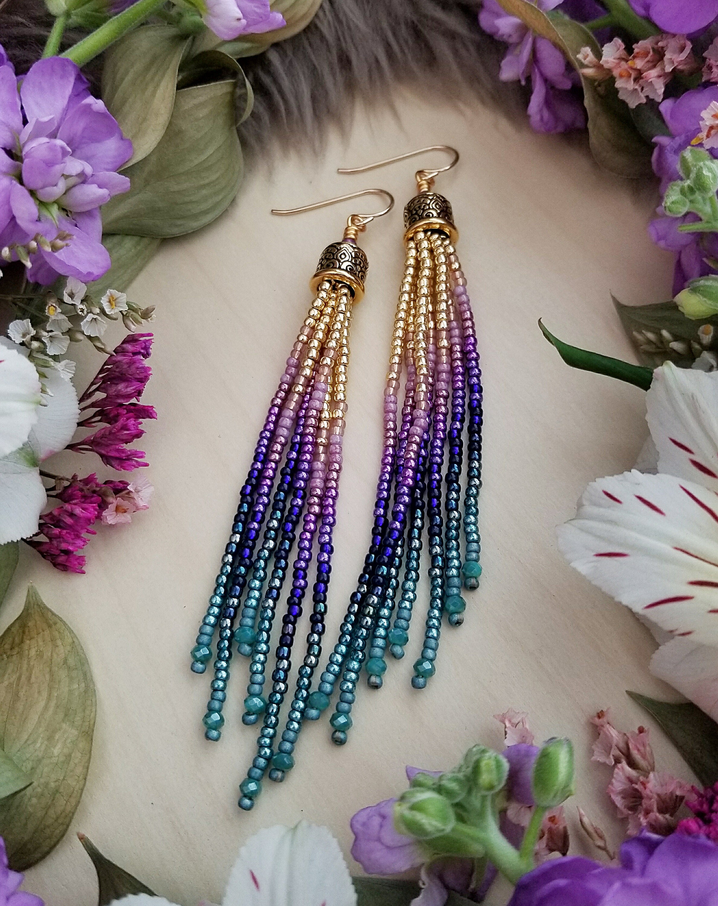Short Seed Bead Fringe Earrings in Gold Hyacinth Colorway Etsy