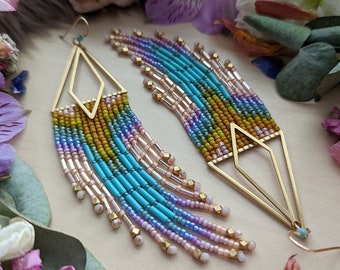 Art Deco Fringe Earrings in Gold > Sonoran Spring Colorway - Long, Geometric, Triangle Fringies