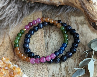 Blue Goldstone & Candy Jade Gemstone Bracelets - Set of Two, 7" Gemstone Stretch Bracelets