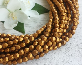 4mm Czech Fire Polished Beads >> Matte Metallic Antique Gold >> 1, 2 or 5 Strands (50, 100 or 250 pcs) - Designer Glass, Faceted, Round