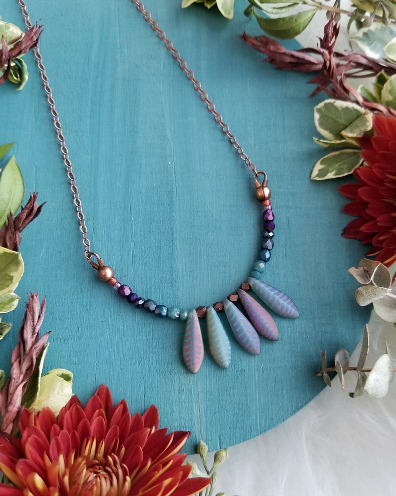 Layering Necklace Dagger Necklace in Antique Copper Purple to Teal Ombre w Blue Dagger Beads Beaded Colorful Modern Boho Delicate
