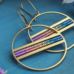 Beaded Disco Hoop Earrings in Gold Summer Dawn Colorway Circle Drop Earrings w/ Lilac, Pink, Orange, Gold, Turquoise, Blue Ombre image 5