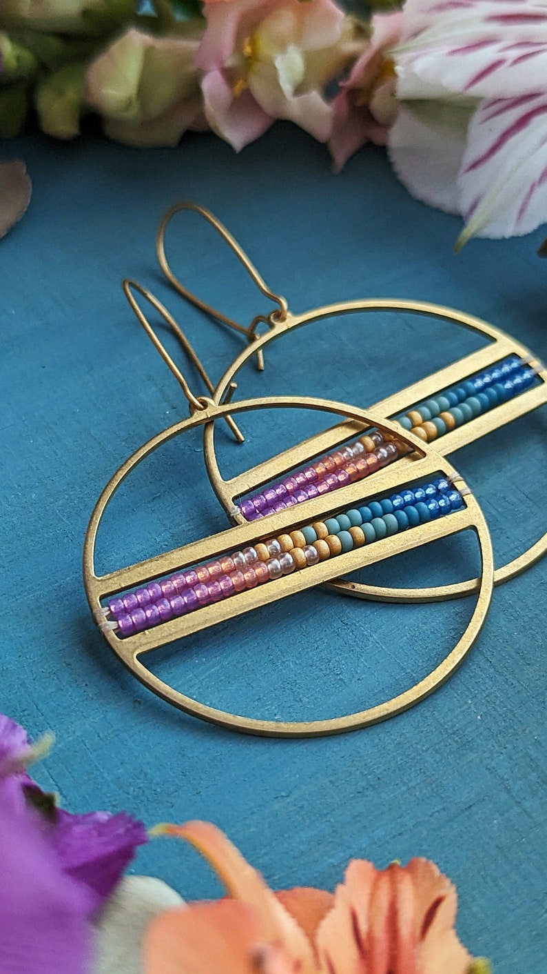 Beaded Disco Hoop Earrings in Gold Summer Dawn Colorway Circle Drop Earrings w/ Lilac, Pink, Orange, Gold, Turquoise, Blue Ombre image 5