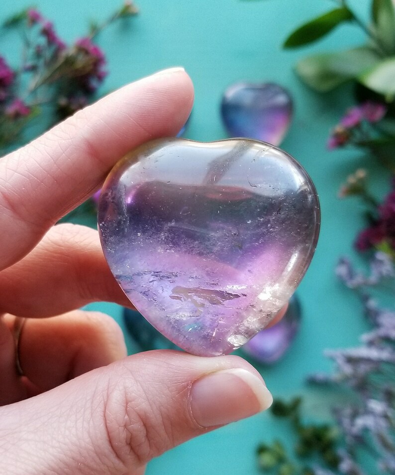 Titanium Quartz Heart 1 piece Gemstone Palm Stones, Crystal Healing Puffed Heart, Rainbow, Purple and Blue, Crystal image 4