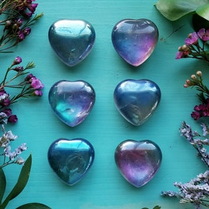 Titanium Quartz Heart 1 piece Gemstone Palm Stones, Crystal Healing Puffed Heart, Rainbow, Purple and Blue, Crystal image 1