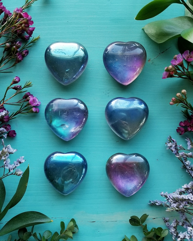 Titanium Quartz Heart 1 piece Gemstone Palm Stones, Crystal Healing Puffed Heart, Rainbow, Purple and Blue, Crystal image 1