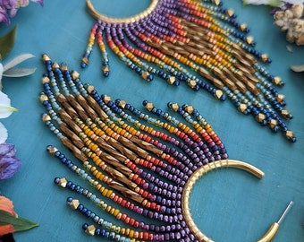 Long Fringe Hoop Earrings in Gold >> Firebird Colorway - Eggplant, Red, Goldenrod, Turquoise, Blue Ombre on 24kt Gold Hoop - Boho, Rainbow