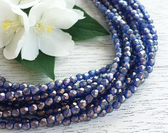 100 pcs - 3mm Czech Fire Polished Beads >> Halo Ultramarine - Royal Blue >> 2 or 5 Strands (Qty Disc) - Designer Glass, Faceted, Round