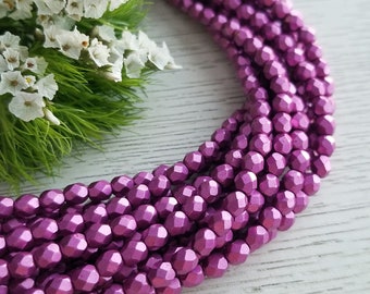 4mm Czech Fire Polished Beads >> Saturated Metallic Pink Yarrow >> 1, 2 or 5 Strands (50, 100 or 250 pcs) Designer Glass, Faceted, Round