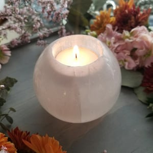 Selenite Sphere Candle Holder &gt;&gt; Self-Standing, Natural, White Selenite Crystal Orb, Tea Light Holder, Air Planter from Morocco