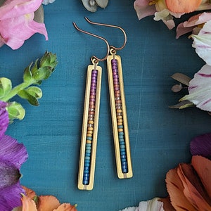 Beaded Stick Earrings in Gold Summer Dawn Colorway Bright Lilac, Pink, Orange, Gold, Turquoise, Blue Ombre image 5