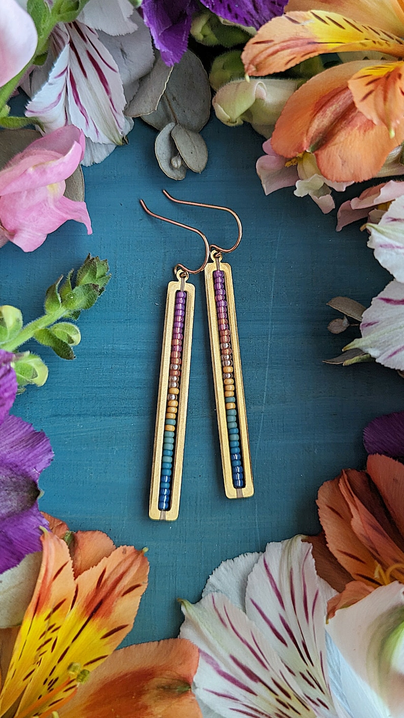Beaded Stick Earrings in Gold Summer Dawn Colorway Bright Lilac, Pink, Orange, Gold, Turquoise, Blue Ombre image 5