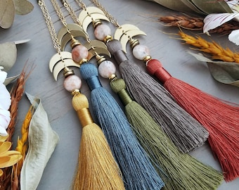 Sun and Moon Necklaces > Yellow, Olive, Navy, Gray, or Red Silk Tassel w/ Sunstone Gem & Crescent Moon - Long, Layering Necklace, Boho Luxe