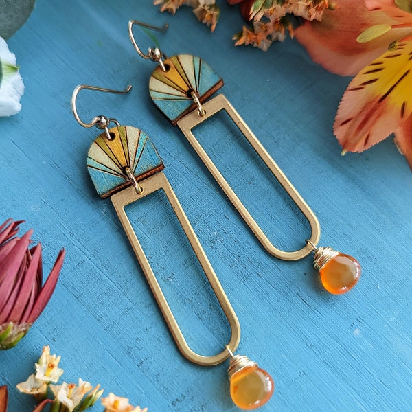 Long, Art Deco Window Earrings >> Hand-Painted, Wooden Earrings with Brass and Carnelian