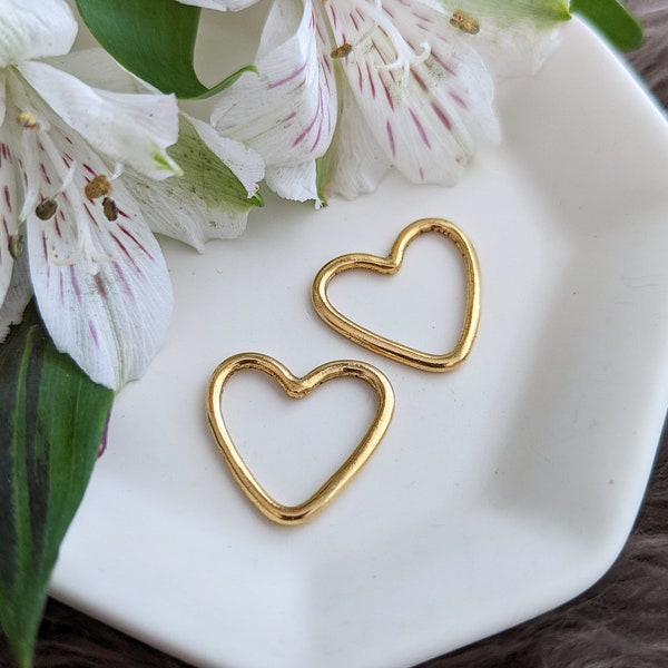 Small Heart Hoop - Antique Gold >> 2 pieces - 24 x 22.5mm - Open, Wire Heart Ring, 24kt Gold Plating, Lead-Free, American Made