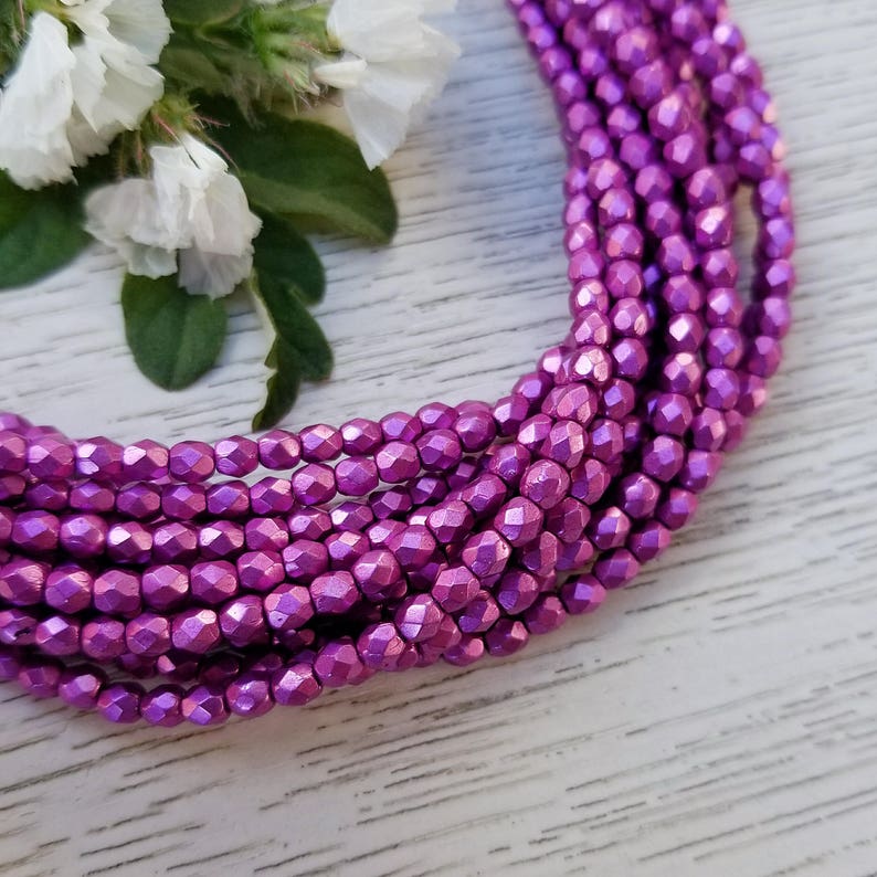 100 pcs 3mm Czech Fire Polished Beads Saturated Metallic Pink Yarrow 2 or 5 Strands Qty Disc. Designer Glass, Faceted, Round image 1