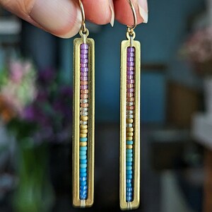 Beaded Stick Earrings in Gold Summer Dawn Colorway Bright Lilac, Pink, Orange, Gold, Turquoise, Blue Ombre image 2