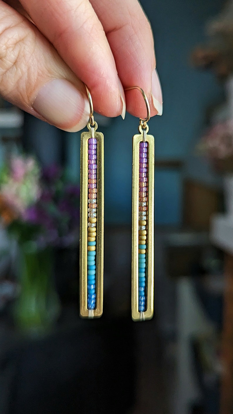Beaded Stick Earrings in Gold Summer Dawn Colorway Bright Lilac, Pink, Orange, Gold, Turquoise, Blue Ombre image 2