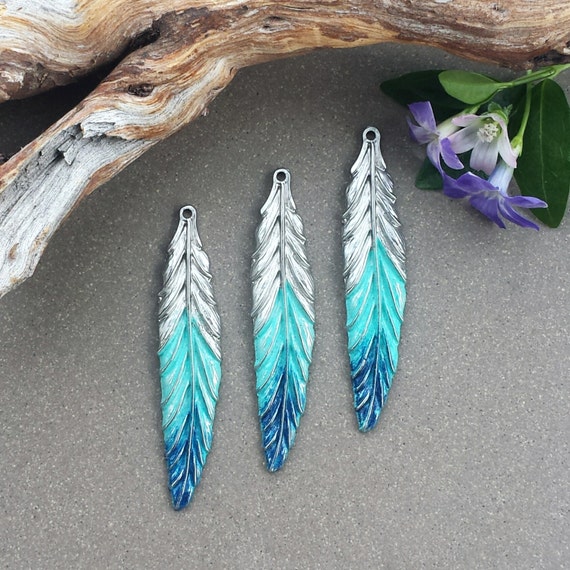 Hand-Painted Turquoise Ombre SILVER Feather Charm >> 2 or 6 pcs, Electroplated Pewter, Pendant, Size: 55mm, Boho, High-Quality, Nickel-Free