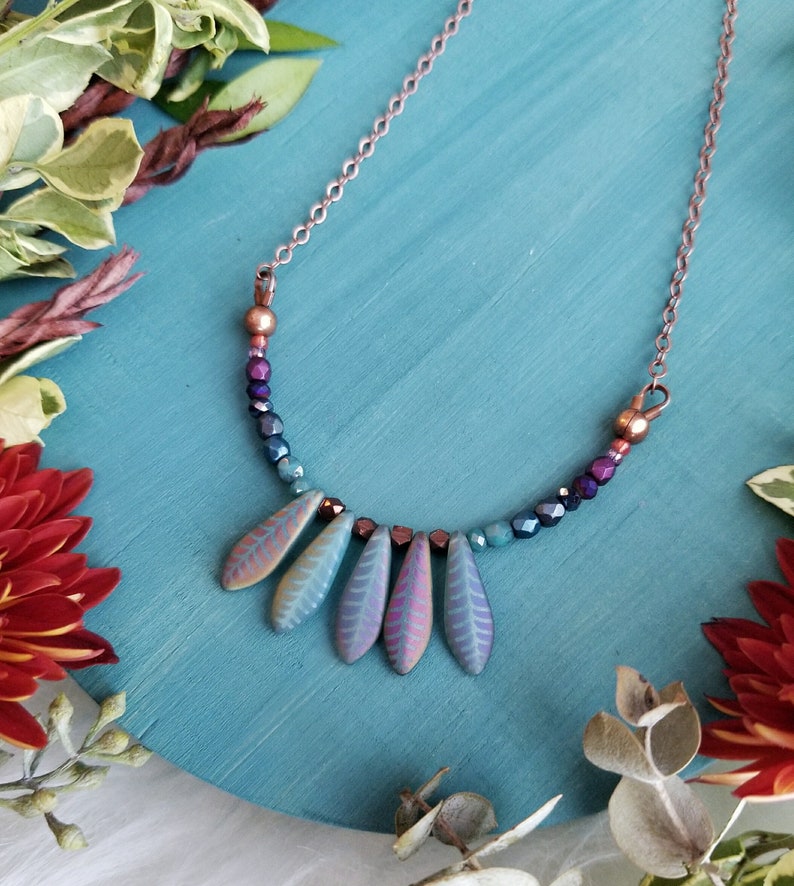Layering Necklace Dagger Necklace in Antique Copper Purple to Teal Ombre w Blue Dagger Beads Beaded Colorful Modern Boho Delicate