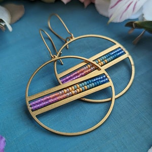 Beaded Disco Hoop Earrings in Gold Summer Dawn Colorway Circle Drop Earrings w/ Lilac, Pink, Orange, Gold, Turquoise, Blue Ombre image 2