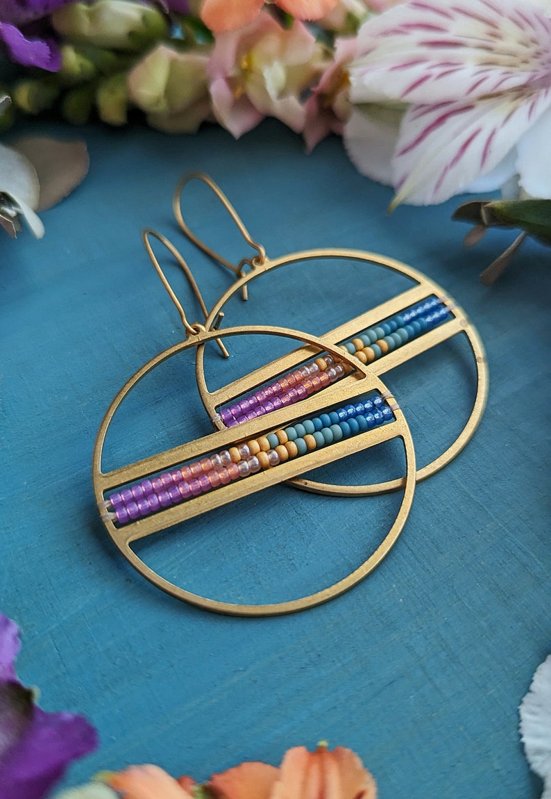 Beaded Disco Hoop Earrings in Gold Summer Dawn Colorway Circle Drop Earrings w/ Lilac, Pink, Orange, Gold, Turquoise, Blue Ombre image 2