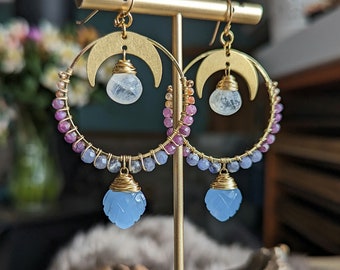 Blue Chalcedony & Moonstone Moon Hoop Earrings in Gold > Periwinkle Chalcedony with Tanzanite, Ruby, Sunstone and Moonstone