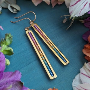 Beaded Stick Earrings in Gold Summer Dawn Colorway Bright Lilac, Pink, Orange, Gold, Turquoise, Blue Ombre image 7