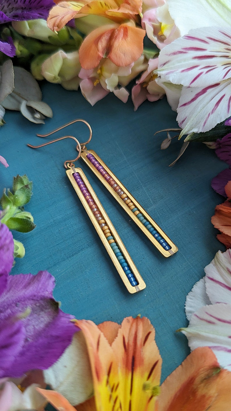 Beaded Stick Earrings in Gold Summer Dawn Colorway Bright Lilac, Pink, Orange, Gold, Turquoise, Blue Ombre image 7