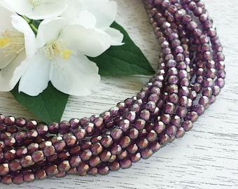 100 pcs - 3mm Czech Fire Polished Beads >> Halo Regal - Purple >> 2 or 5 Strands (Qty Disc) - Designer Glass, Faceted, Round