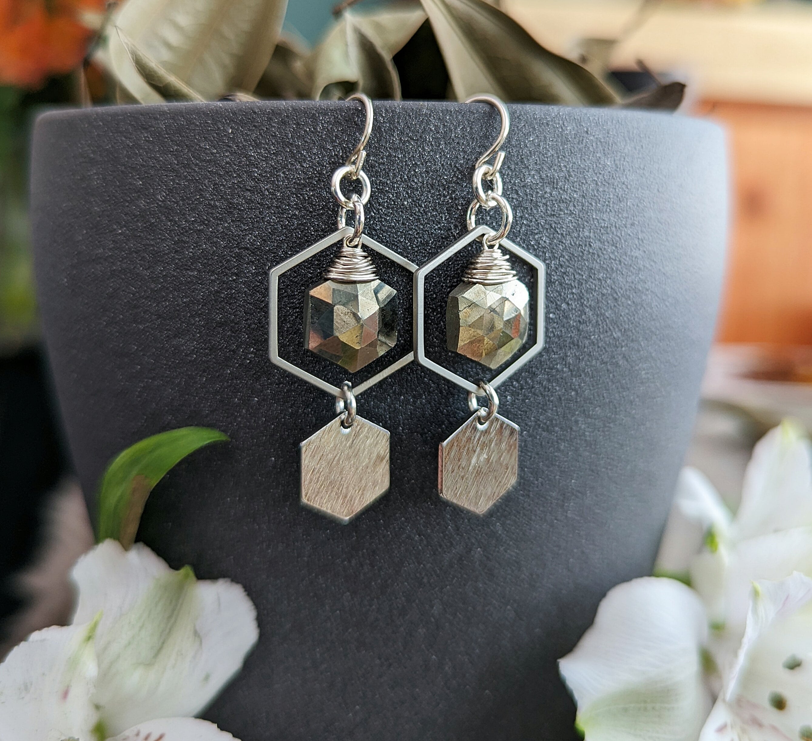 Pyrite Hexagon Earrings in Silver > Geometric, Metallic Pyrite Gems with Brushed Silver Hex Charms - Modern, Boho Luxe