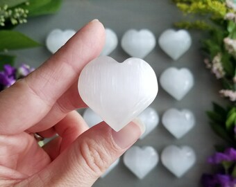 Selenite Heart Palm Stones >> 1.25" - Small, Natural, Hand Carved, White Selenite Crystal Hearts (One Stone)