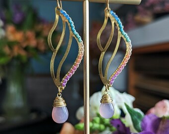 Beaded Flame Earrings in Gold > Summer Dawn Colorway - Gold Flames w/ Lilac, Pink, Orange, Turquoise, Teal, and Blue & Pink Chalcedony Drops