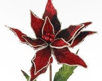 9" Black & Red Buffalo Check Velvet Poinsettia Floral Pick - XS3715